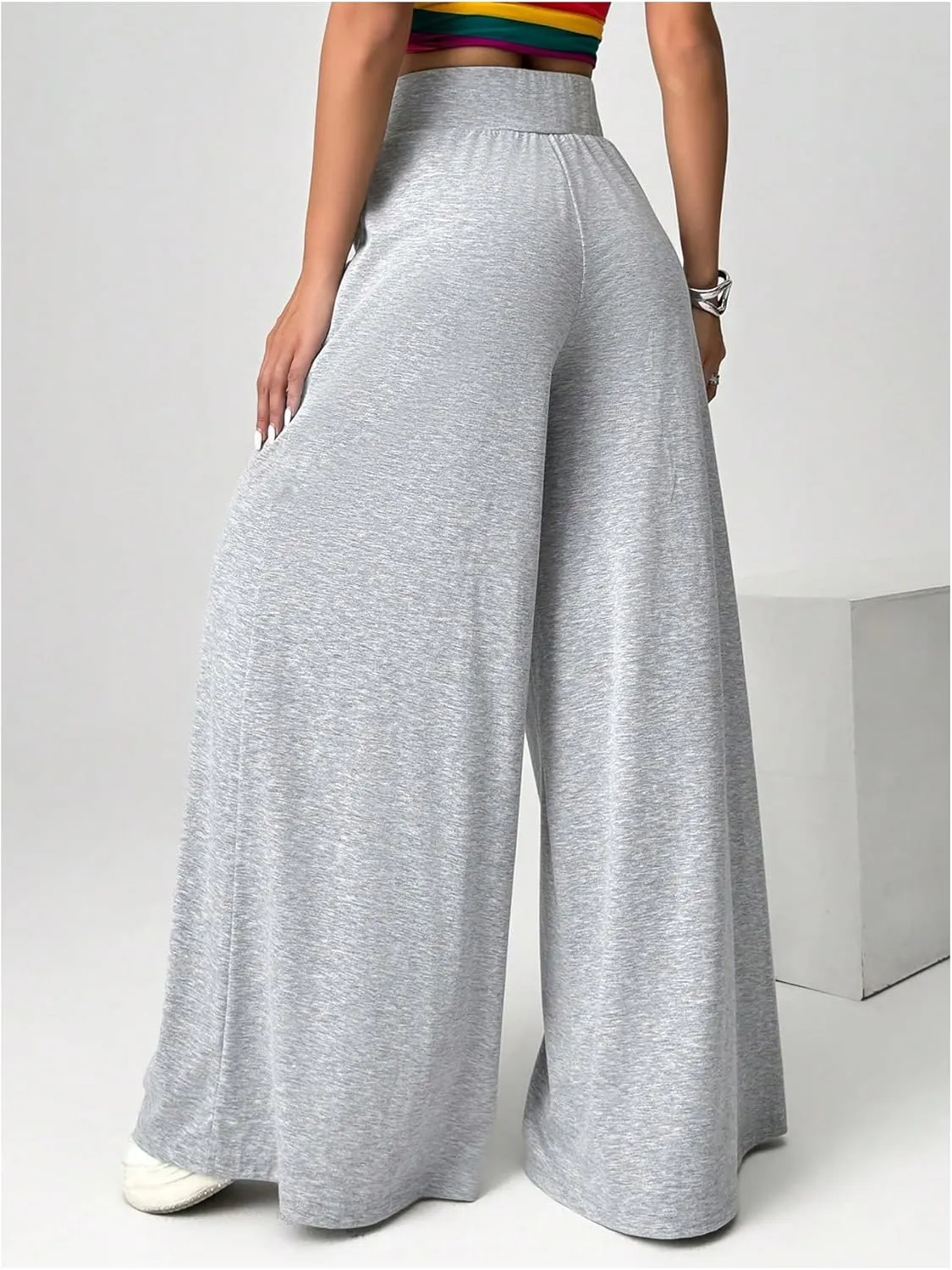 MakeMeChic Women's Tie Elastic High Waisted Wide Leg Pant Sweatpants Y2K Palazzo Baggy Pants