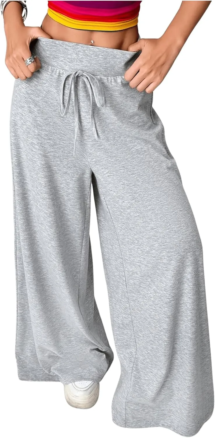 MakeMeChic Women's Tie Elastic High Waisted Wide Leg Pant Sweatpants Y2K Palazzo Baggy Pants
