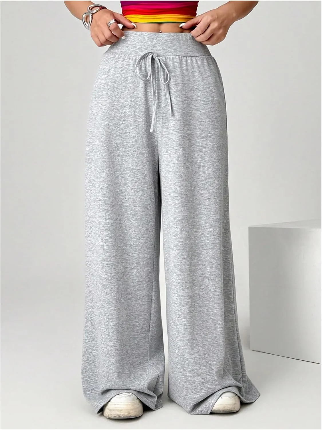 MakeMeChic Women's Tie Elastic High Waisted Wide Leg Pant Sweatpants Y2K Palazzo Baggy Pants