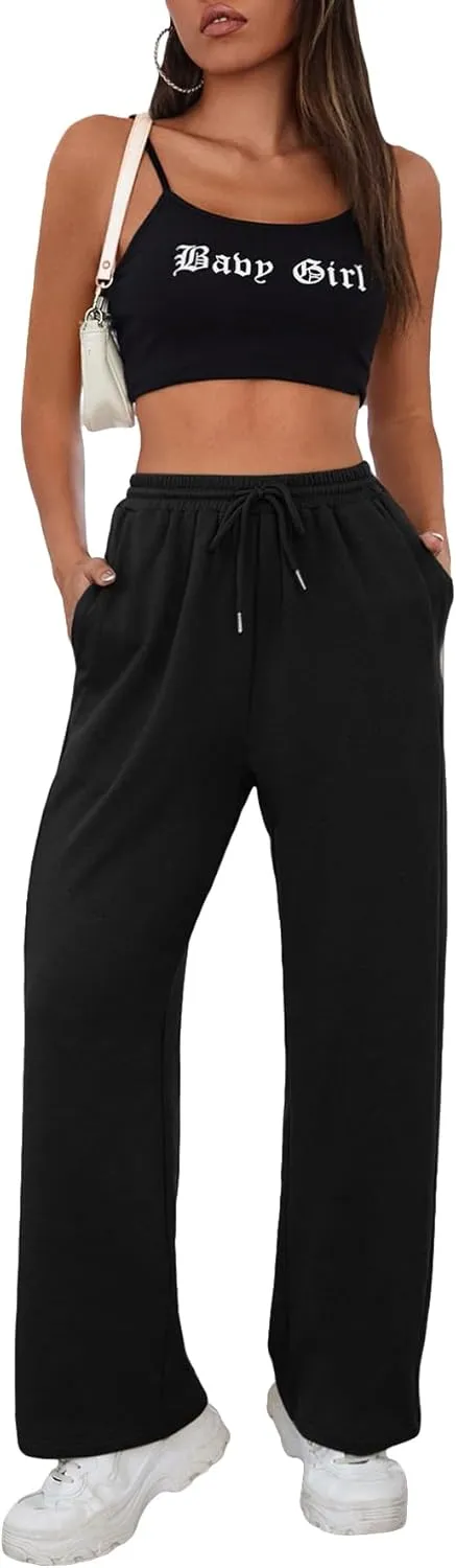 MakeMeChic Women's Wide Leg Sweatpants Drawstring High Waist Straight Leg Casual Loose Baggy Sweatpants Pants