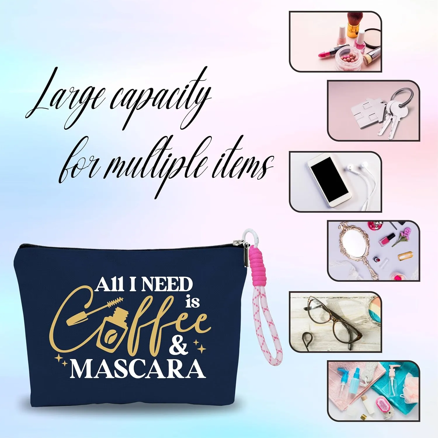 Makeup Bag For Women,Cosmetic Bag With Pink Hand Strap,All I Need Is Coffee & Mascara,Travel Pouch Bags,Stuff Bag,Zipper Make Up Bag,Women Essentials & Accessories-A27