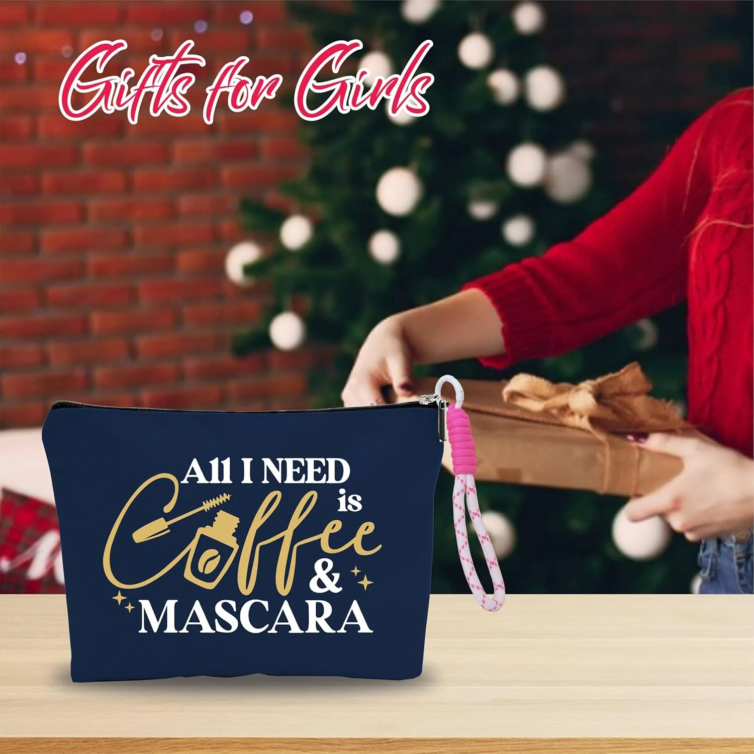 Makeup Bag For Women,Cosmetic Bag With Pink Hand Strap,All I Need Is Coffee & Mascara,Travel Pouch Bags,Stuff Bag,Zipper Make Up Bag,Women Essentials & Accessories-A27