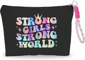 Makeup Bag For Women,Cosmetic Bag With Pink Hand Strap,Strong Girls Strong World,Travel Zipper Pouch,Period Bag For Girls, Make Up Bag Organizer,Women Essentials-A30