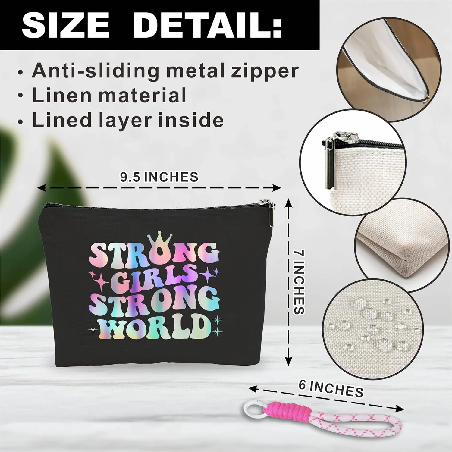 Makeup Bag For Women,Cosmetic Bag With Pink Hand Strap,Strong Girls Strong World,Travel Zipper Pouch,Period Bag For Girls, Make Up Bag Organizer,Women Essentials-A30