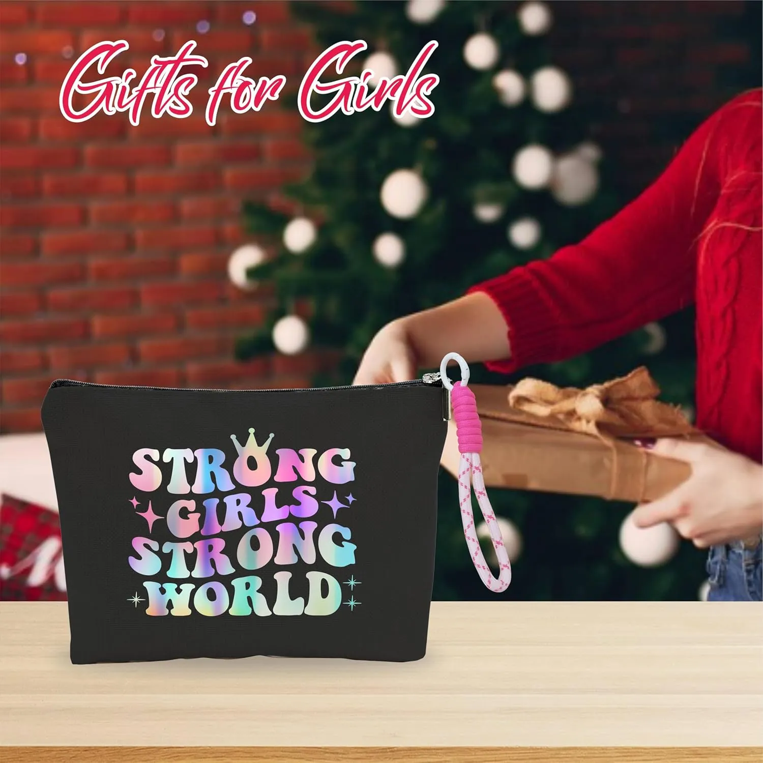 Makeup Bag For Women,Cosmetic Bag With Pink Hand Strap,Strong Girls Strong World,Travel Zipper Pouch,Period Bag For Girls, Make Up Bag Organizer,Women Essentials-A30