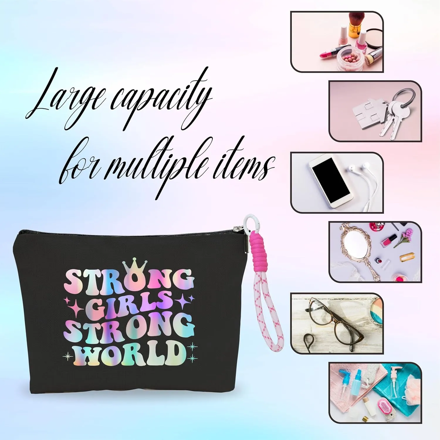 Makeup Bag For Women,Cosmetic Bag With Pink Hand Strap,Strong Girls Strong World,Travel Zipper Pouch,Period Bag For Girls, Make Up Bag Organizer,Women Essentials-A30