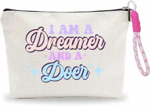 Makeup Bag With Pink Hand Strap,Cosmetic Bag For Women,I Am A Dreamer And A Doer,Travel Toiletry Bag,Small Zipper Pouch,Positive Gift For Girls Niece,Women Essentials -A09