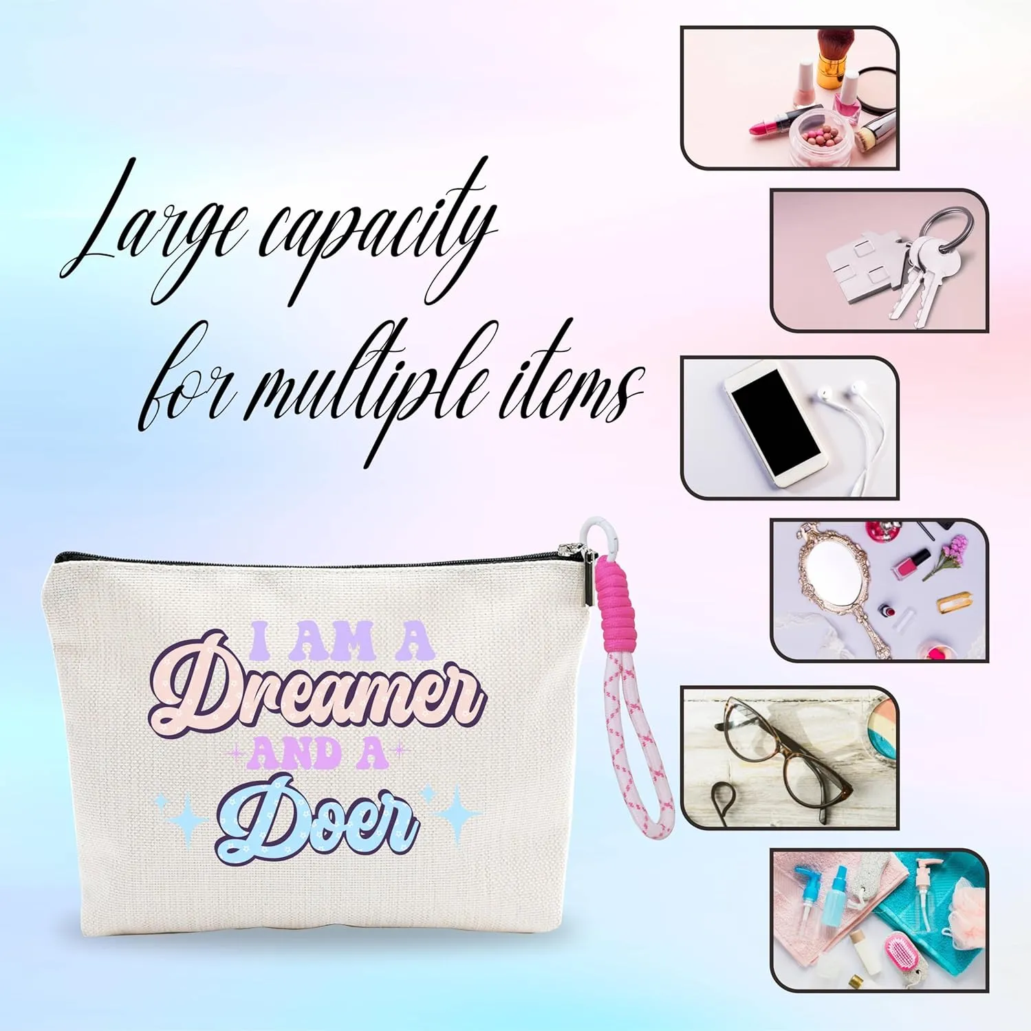 Makeup Bag With Pink Hand Strap,Cosmetic Bag For Women,I Am A Dreamer And A Doer,Travel Toiletry Bag,Small Zipper Pouch,Positive Gift For Girls Niece,Women Essentials -A09