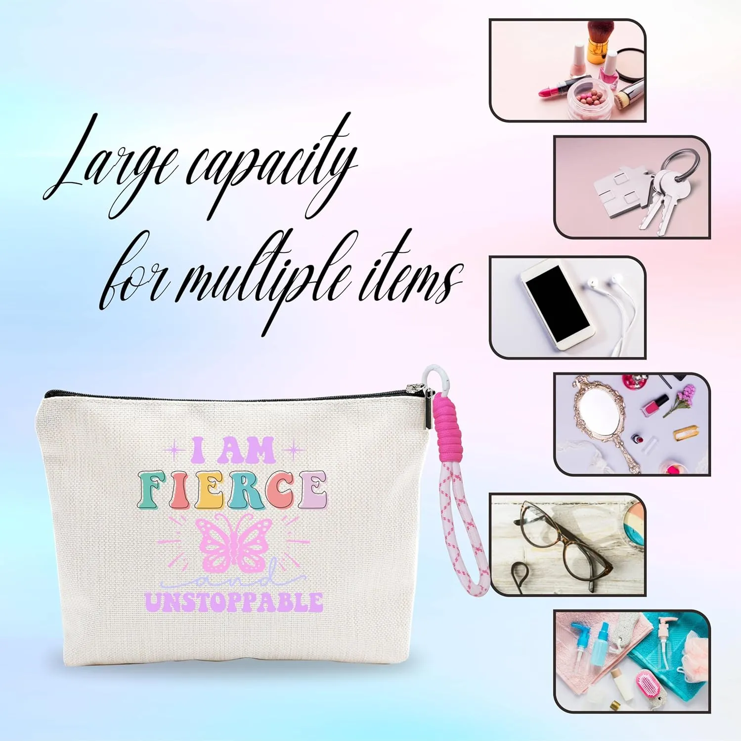 Makeup Bag With Pink Hand Strap,Cosmetic Bag For Women,I Am Fierce And Unstoppable,Travel Toiletry Pouch,Positive Gift For Girls Niece,Woman Essentials & Accessories -A11