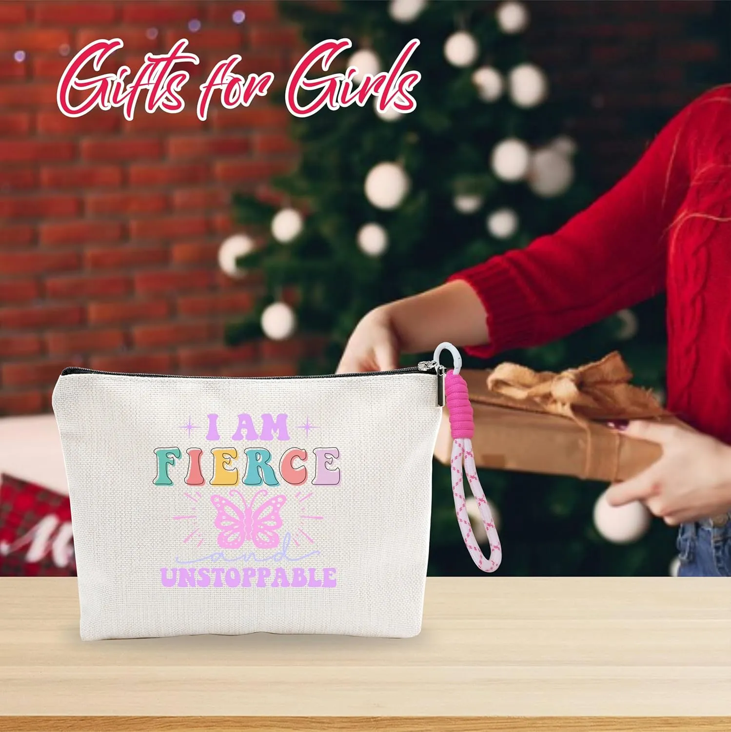 Makeup Bag With Pink Hand Strap,Cosmetic Bag For Women,I Am Fierce And Unstoppable,Travel Toiletry Pouch,Positive Gift For Girls Niece,Woman Essentials & Accessories -A11