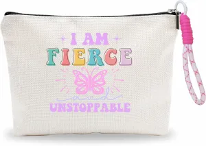 Makeup Bag With Pink Hand Strap,Cosmetic Bag For Women,I Am Fierce And Unstoppable,Travel Toiletry Pouch,Positive Gift For Girls Niece,Woman Essentials & Accessories -A11