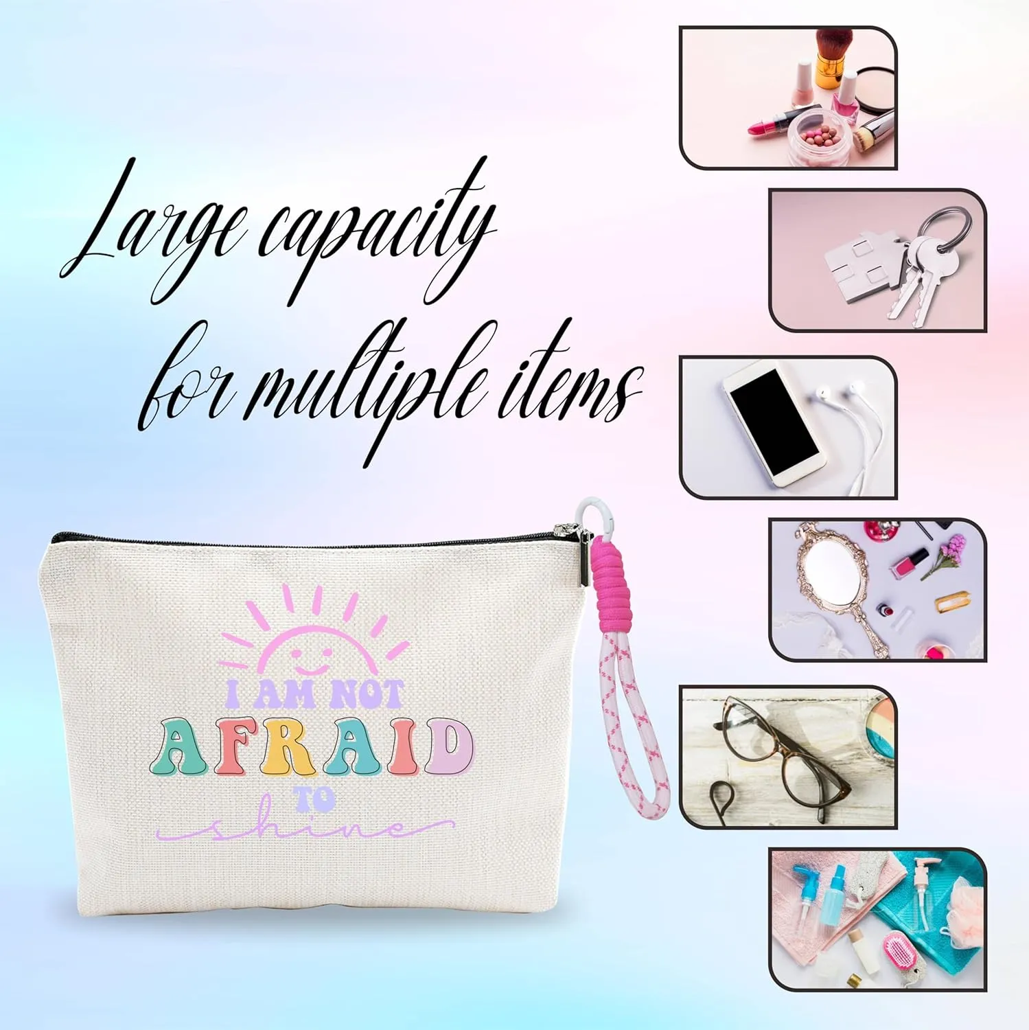Makeup Bag With Pink Hand Strap,Cosmetic Bag For Women,I Am Not Afraid To Shine,Travel Toiletry Bag,Small Stuff Bag,Positive Gift For Girls Niece,Women Essentials & Accessories-A12