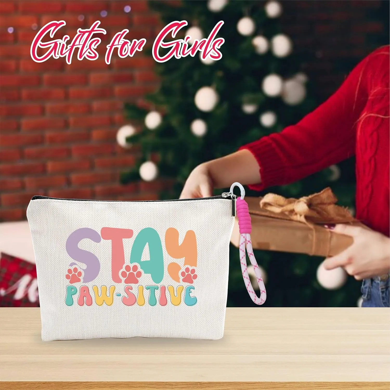 Makeup Bag With Pink Hand Strap,Stay Paw-sitive,Cat Gifts For Girls,Toiletry Bag,Travel Cosmetic Bag,Birthday Present,Women Essentials & Accessories-A15