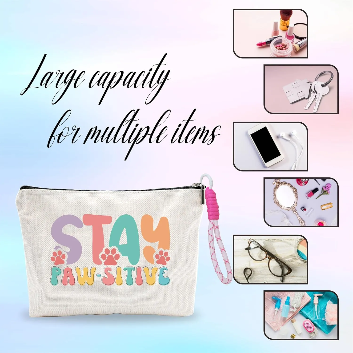 Makeup Bag With Pink Hand Strap,Stay Paw-sitive,Cat Gifts For Girls,Toiletry Bag,Travel Cosmetic Bag,Birthday Present,Women Essentials & Accessories-A15