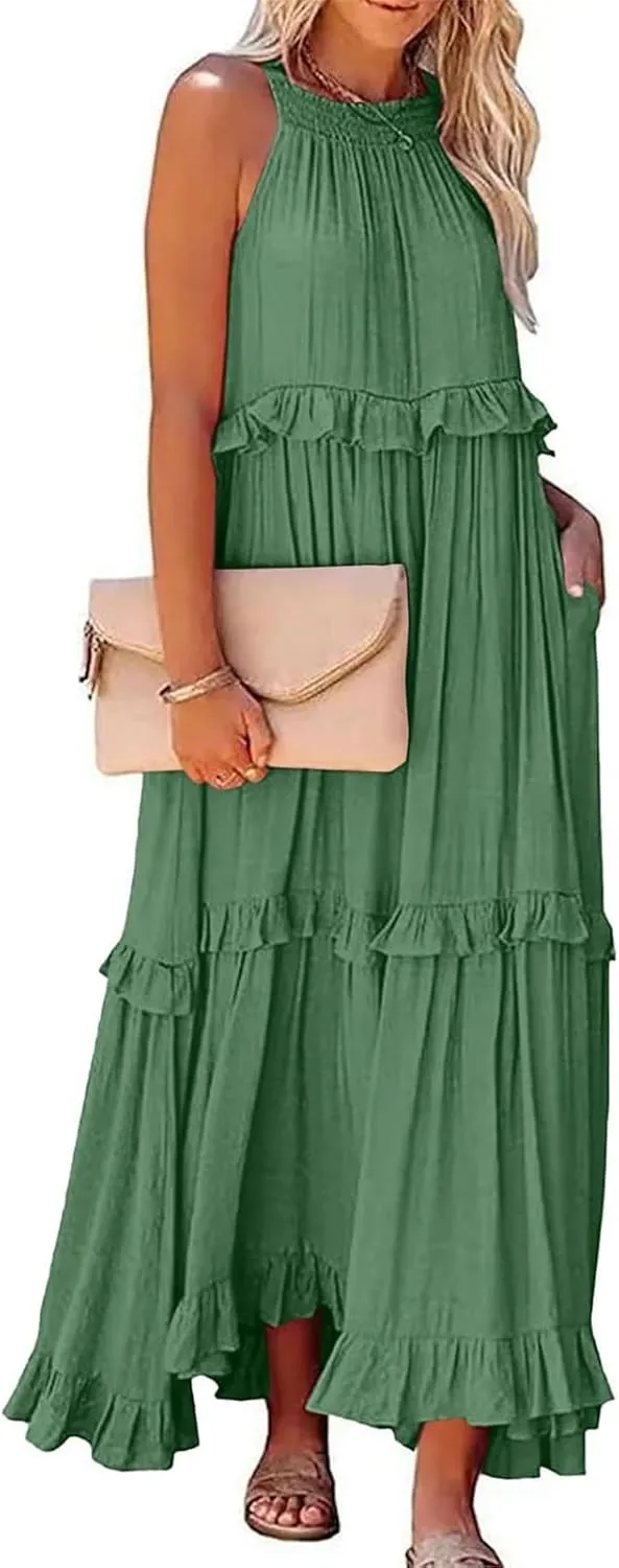 Maxi Dresses for Women 2025 Summer Smocked Ruffle Sundress Tiered Beach Dress Flowy Halter Sleeveless Long Dress