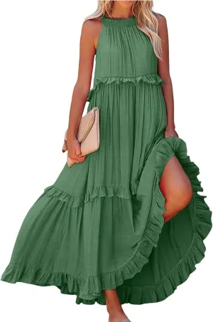 Maxi Dresses for Women 2025 Summer Smocked Ruffle Sundress Tiered Beach Dress Flowy Halter Sleeveless Long Dress
