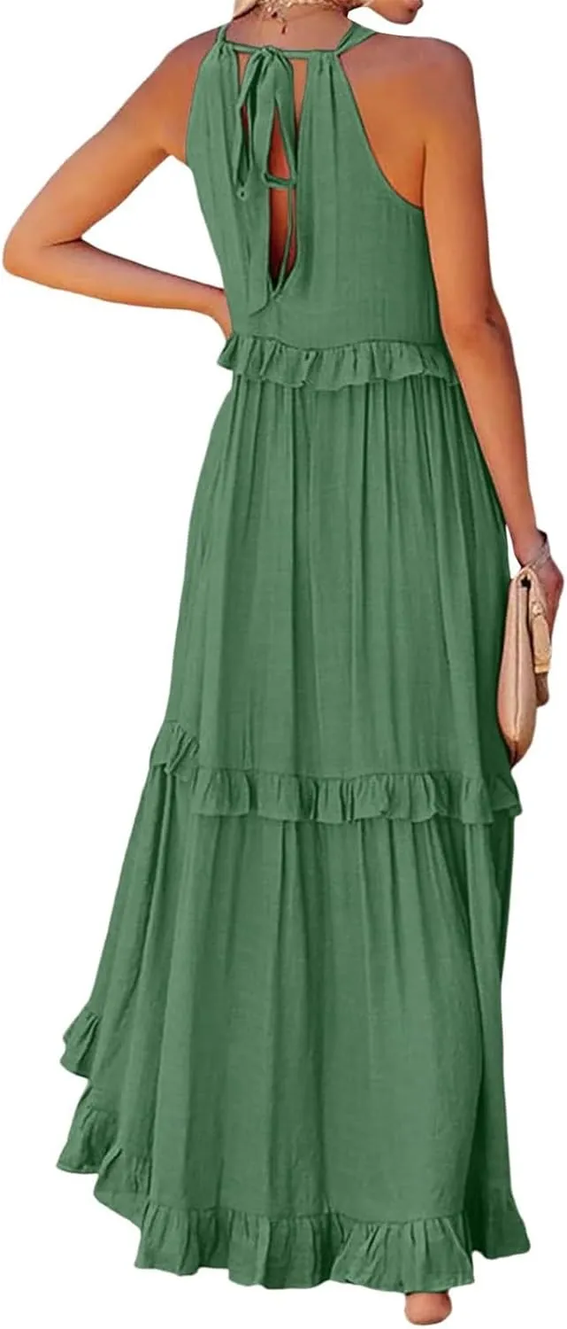 Maxi Dresses for Women 2025 Summer Smocked Ruffle Sundress Tiered Beach Dress Flowy Halter Sleeveless Long Dress
