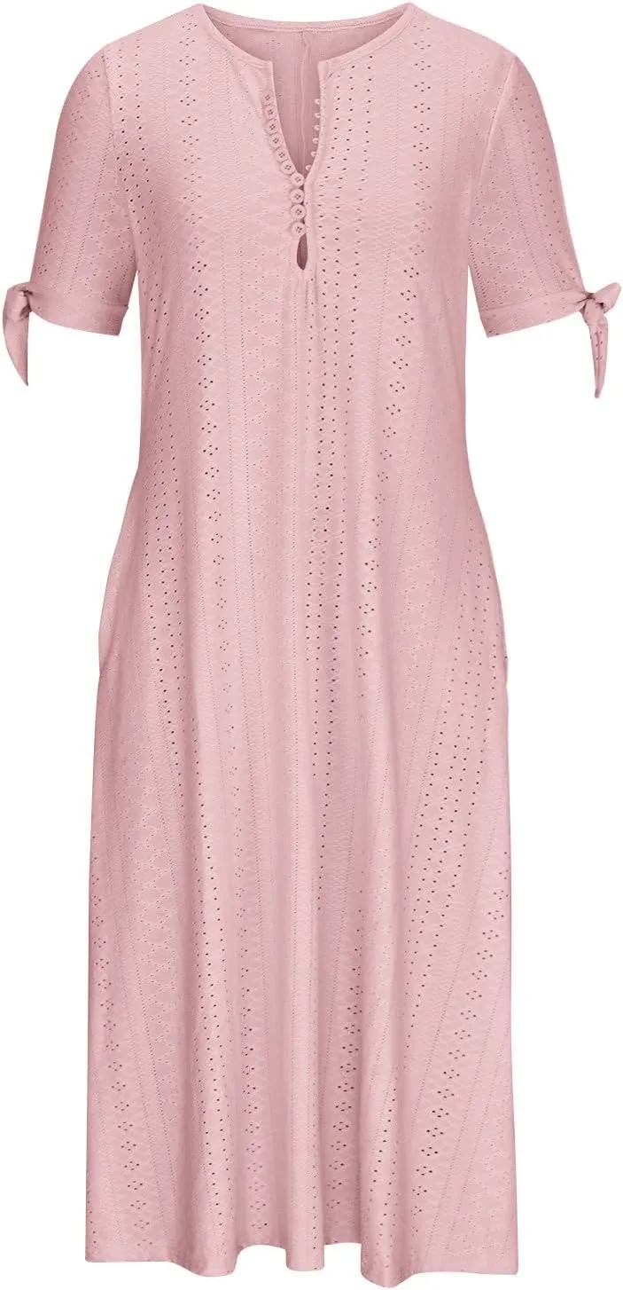 Maxi Long Dresses for Women 2025 Trendy Eyelet Dress Short Sleeve Tshirt Dress Casual Summer Beach Vacation Sundress