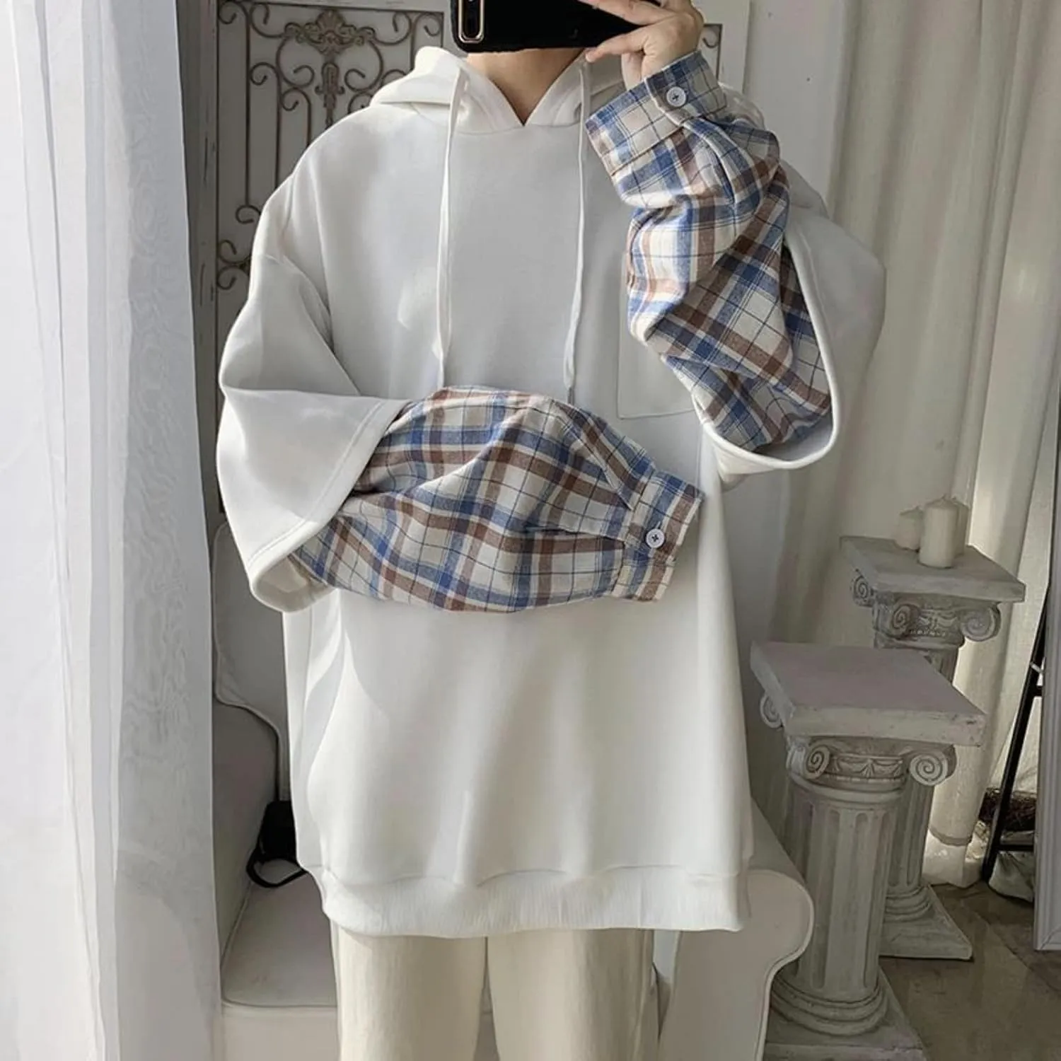 Men Women Preppy Hoodie Harajuku Plaid Sleeve Light Academia Kawaii Korean Japanese Oversized Fall Aesthetic Grunge