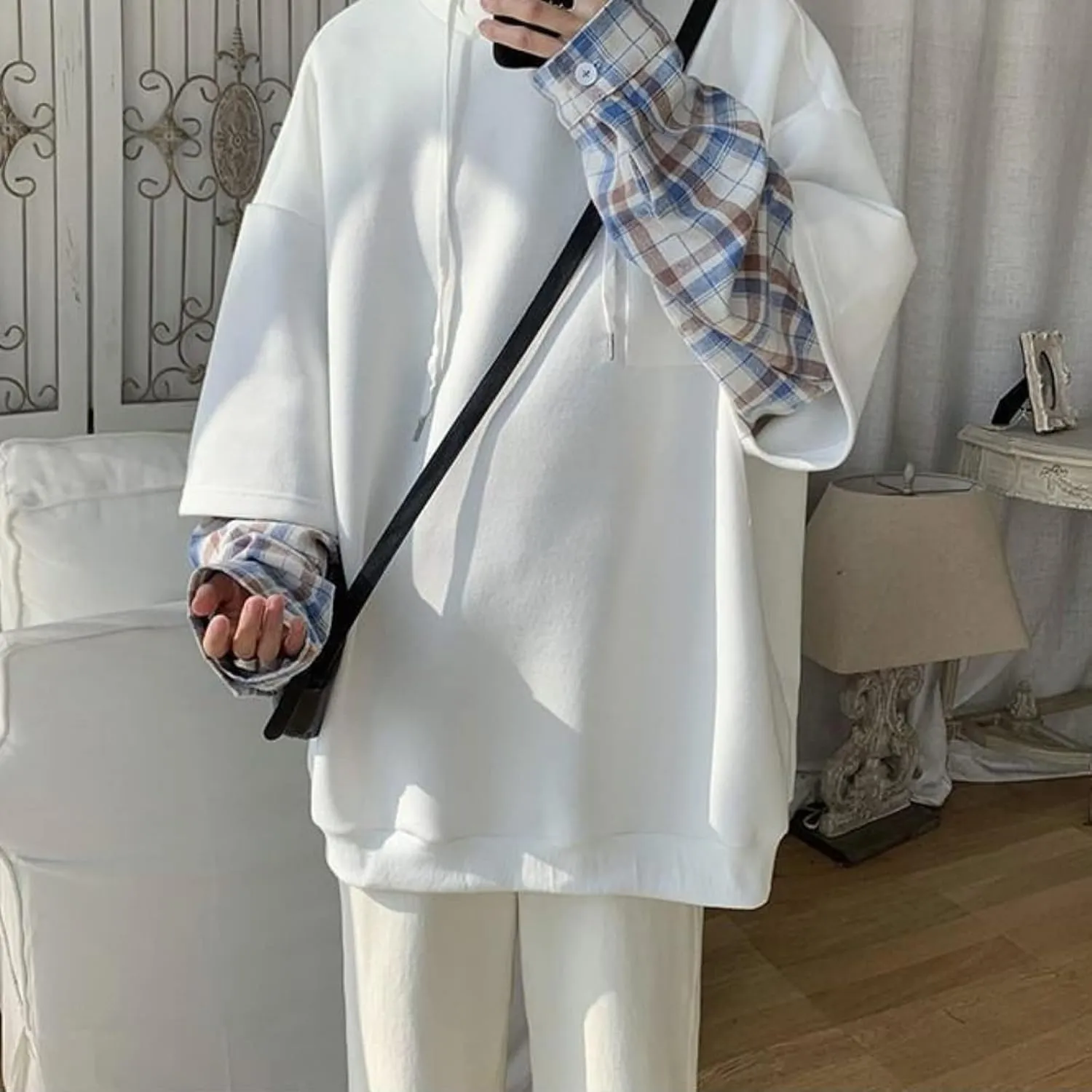Men Women Preppy Hoodie Harajuku Plaid Sleeve Light Academia Kawaii Korean Japanese Oversized Fall Aesthetic Grunge