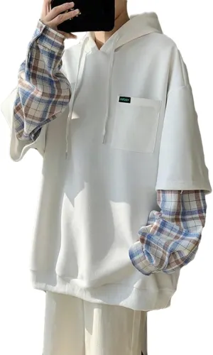 Men Women Preppy Hoodie Harajuku Plaid Sleeve Light Academia Kawaii Korean Japanese Oversized Fall Aesthetic Grunge
