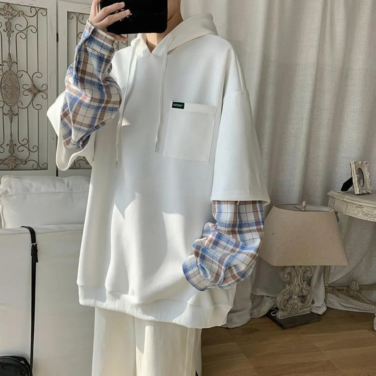 Men Women Preppy Hoodie Harajuku Plaid Sleeve Light Academia Kawaii Korean Japanese Oversized Fall Aesthetic Grunge