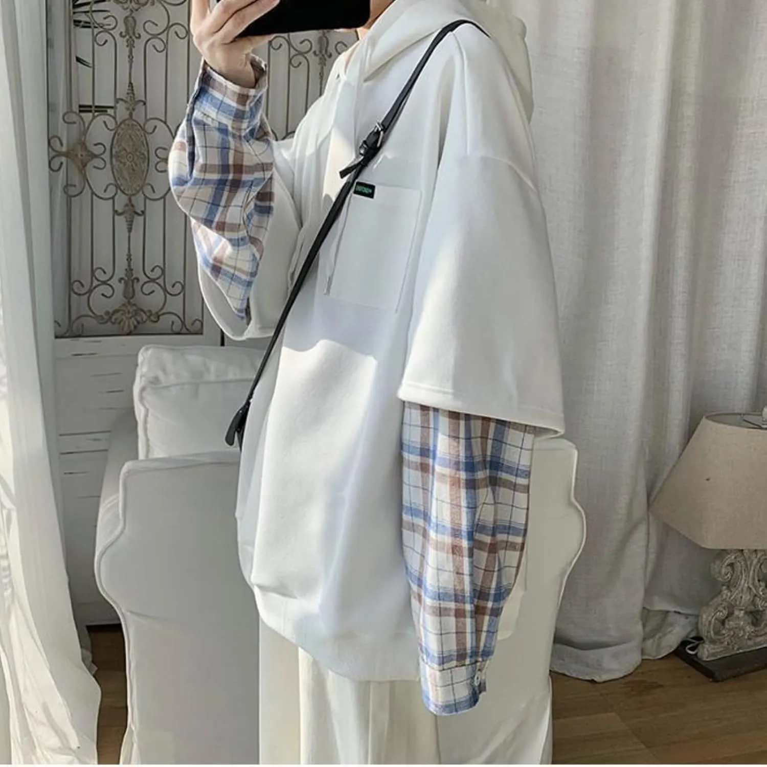 Men Women Preppy Hoodie Harajuku Plaid Sleeve Light Academia Kawaii Korean Japanese Oversized Fall Aesthetic Grunge
