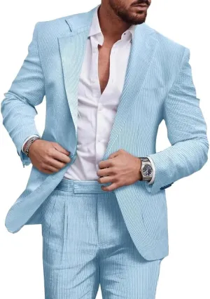 Mens 2-Piece Seersucker Suit Men Beach Wedding Casual Prom Summer Wear Striped Blazer and Pants