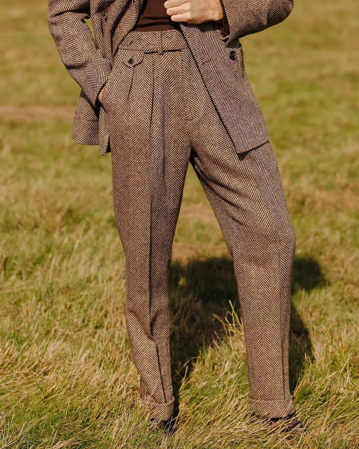 Men's 2 Piece Tweed Herringbone Suit Double-Breasted Tuxedo Party Wedding Blazer and Pants Set