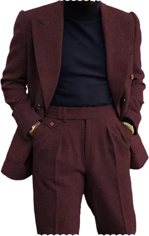 Men's 2 Piece Tweed Herringbone Suit Double-Breasted Tuxedo Party Wedding Blazer and Pants Set