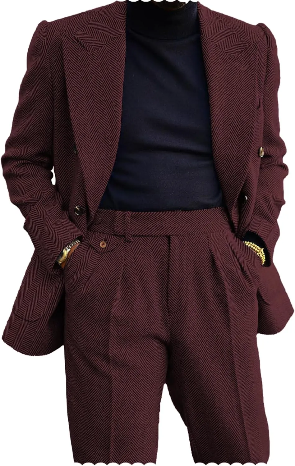 Men's 2 Piece Tweed Herringbone Suit Double-Breasted Tuxedo Party Wedding Blazer and Pants Set
