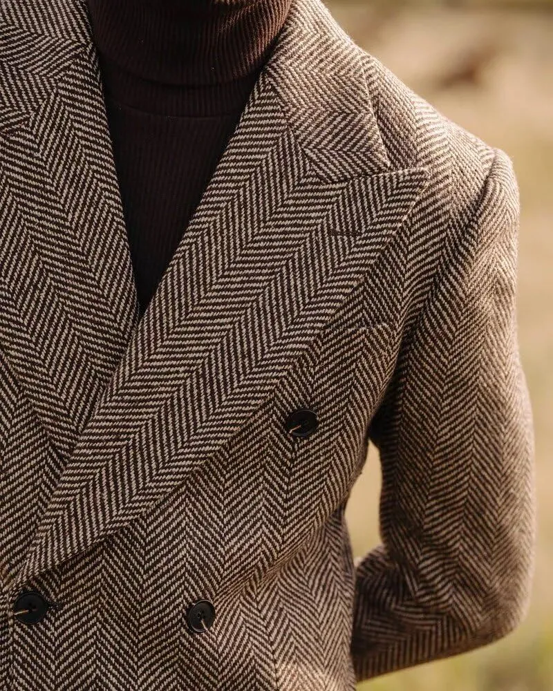 Men's 2 Piece Tweed Herringbone Suit Double-Breasted Tuxedo Party Wedding Blazer and Pants Set