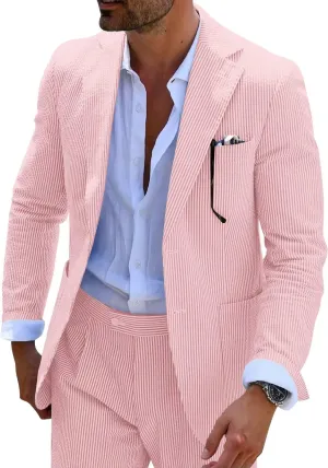 Mens Blue Seersucker Summer Suits Grooms Sear Sucker Suit for Wedding Mens Formal Suits Slim Fit