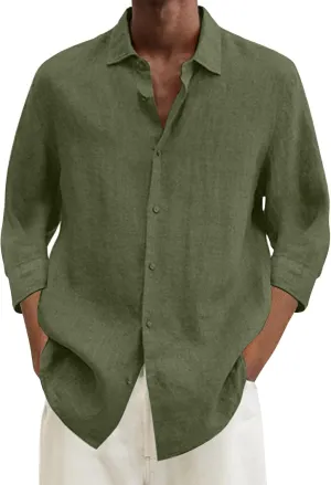 Mens Casual Linen Shirts 3/4 Sleeve Button Down Shirt Hawaiian Vacation Summer Tees Outdoor Plain Beach Collared Tops