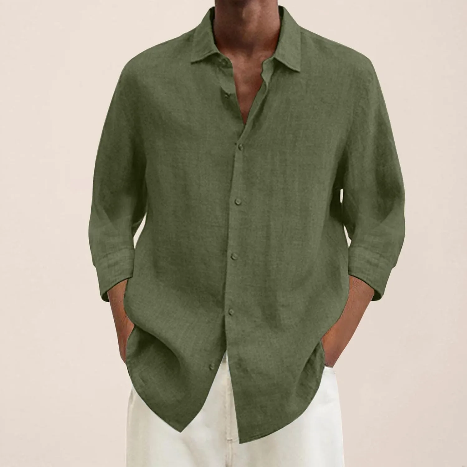 Mens Casual Linen Shirts 3/4 Sleeve Button Down Shirt Hawaiian Vacation Summer Tees Outdoor Plain Beach Collared Tops