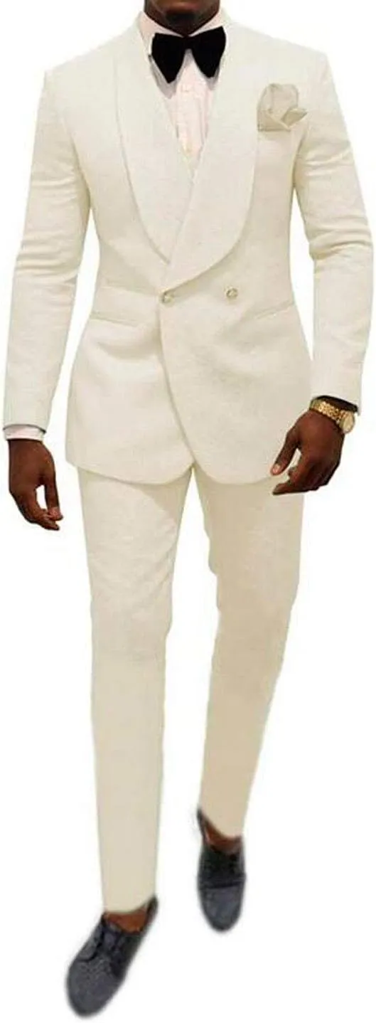 Mens Shawl Lapel Suit Patterned Double Breasted Wedding Tuxedos Prom Suits Jacket Pants Groomsmen Suit
