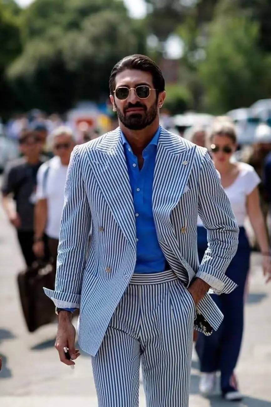 Men's Striped Seersucker Suits 2 Piece Slim Fit Wedding Tuxedo Summer Beach Leisure Suits Sets