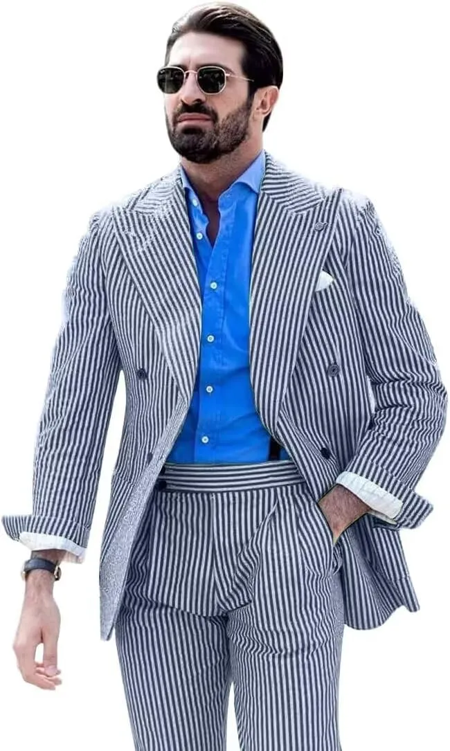 Men's Striped Seersucker Suits 2 Piece Slim Fit Wedding Tuxedo Summer Beach Leisure Suits Sets
