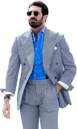 Men's Striped Seersucker Suits 2 Piece Slim Fit Wedding Tuxedo Summer Beach Leisure Suits Sets