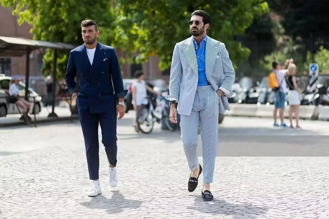 Men's Striped Seersucker Suits 2 Piece Slim Fit Wedding Tuxedo Summer Beach Leisure Suits Sets