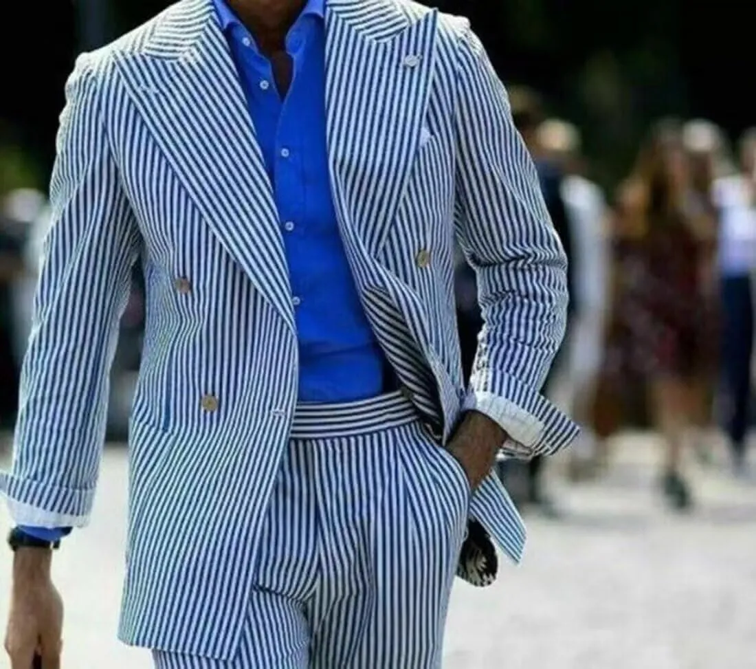 Men's Striped Seersucker Suits 2 Piece Slim Fit Wedding Tuxedo Summer Beach Leisure Suits Sets