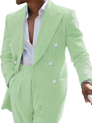 Men's Striped Seersucker Suits 2 Piece Slim Fit Wedding Tuxedo Summer Beach Leisure Suits Sets