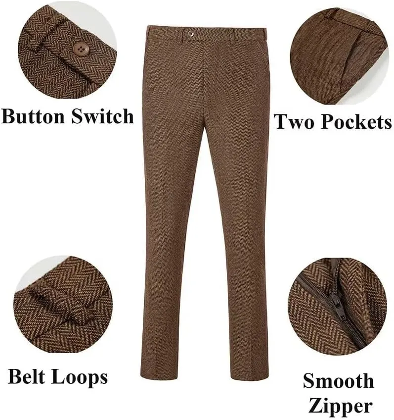 Mens Suit Slim Fit Tweed Herringbone Suit for Men Wool Blend Blazer Vest Pants Tuxedo Set