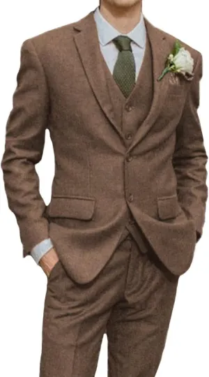 Mens Suit Slim Fit Tweed Herringbone Suit for Men Wool Blend Blazer Vest Pants Tuxedo Set