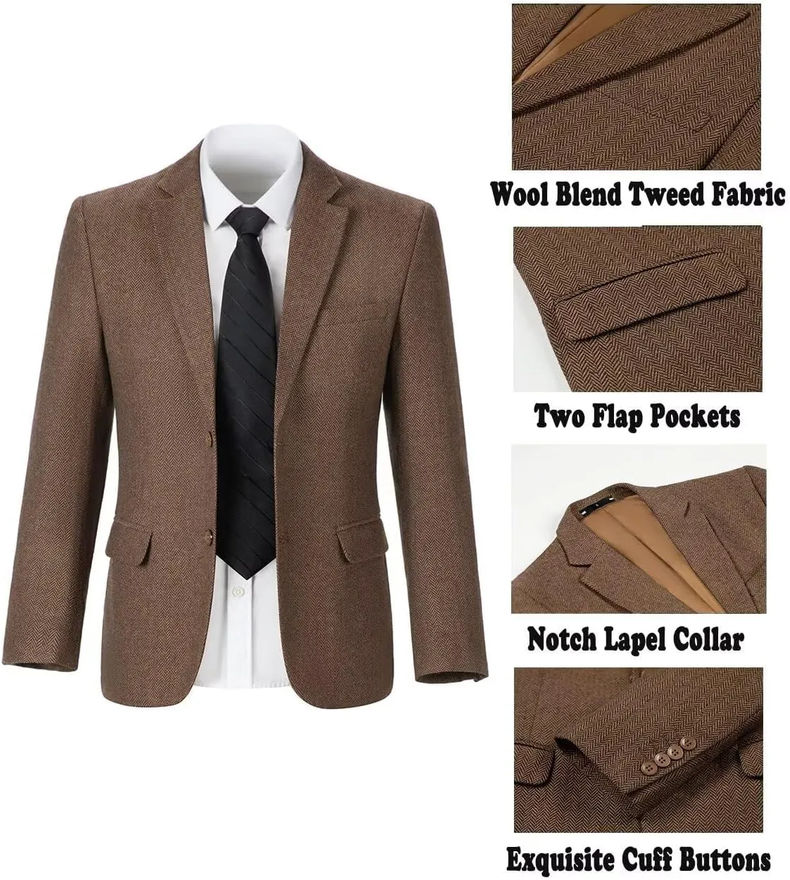 Mens Suit Slim Fit Tweed Herringbone Suit for Men Wool Blend Blazer Vest Pants Tuxedo Set