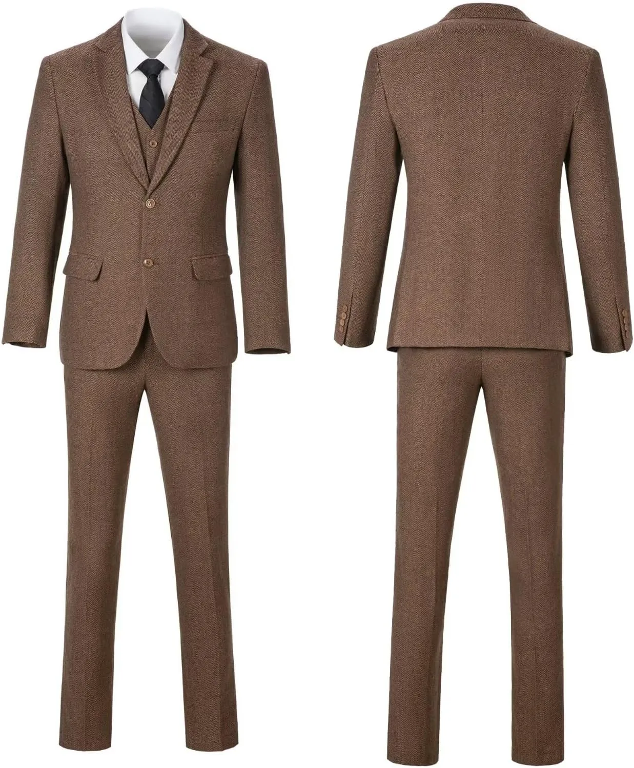 Mens Suit Slim Fit Tweed Herringbone Suit for Men Wool Blend Blazer Vest Pants Tuxedo Set
