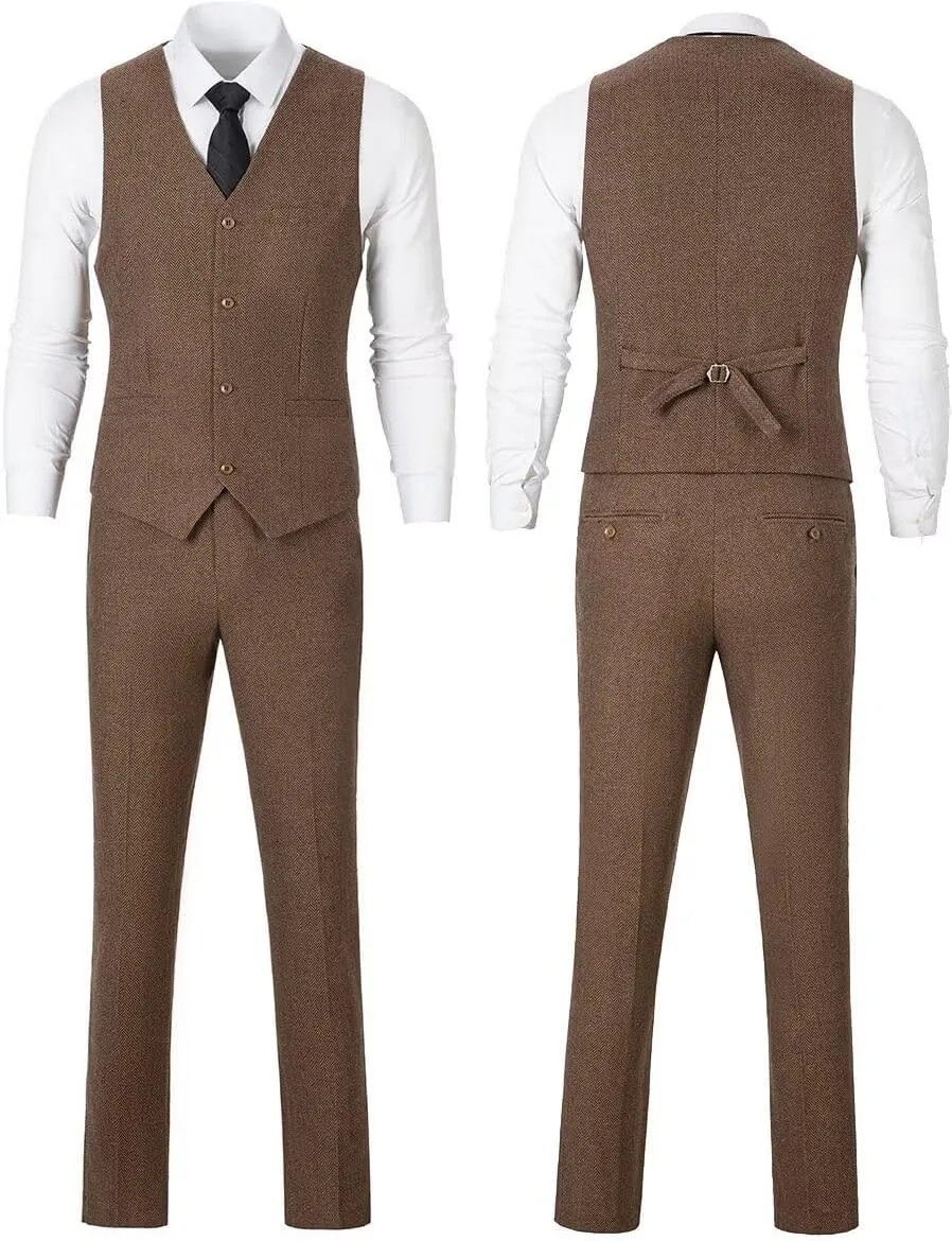 Mens Suit Slim Fit Tweed Herringbone Suit for Men Wool Blend Blazer Vest Pants Tuxedo Set