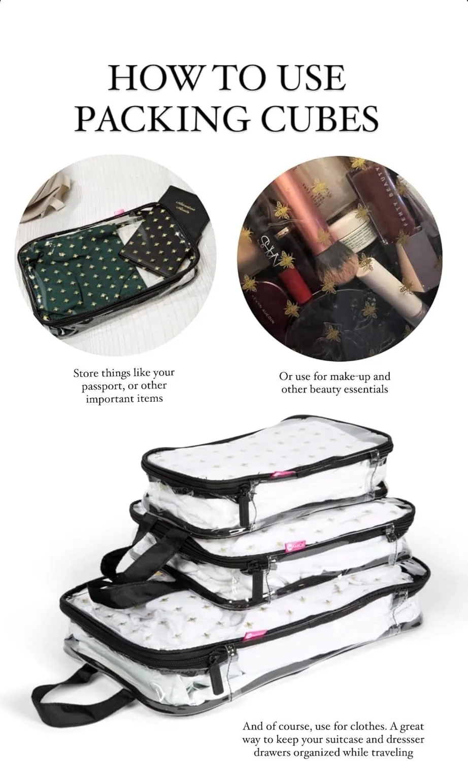 MIAMICA 3-Piece Packing Cubes, Black Bee Clear Design  Includes Small, Medium and Large Suitcase Organizers with Durable Design