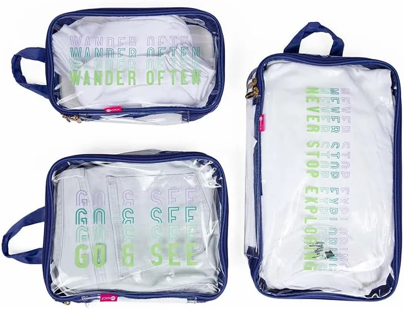 Miamica 3-Piece Packing Cubes, Blue Wander Clear Design  Includes Small, Medium and Large Suitcase Organizers with Durable Design