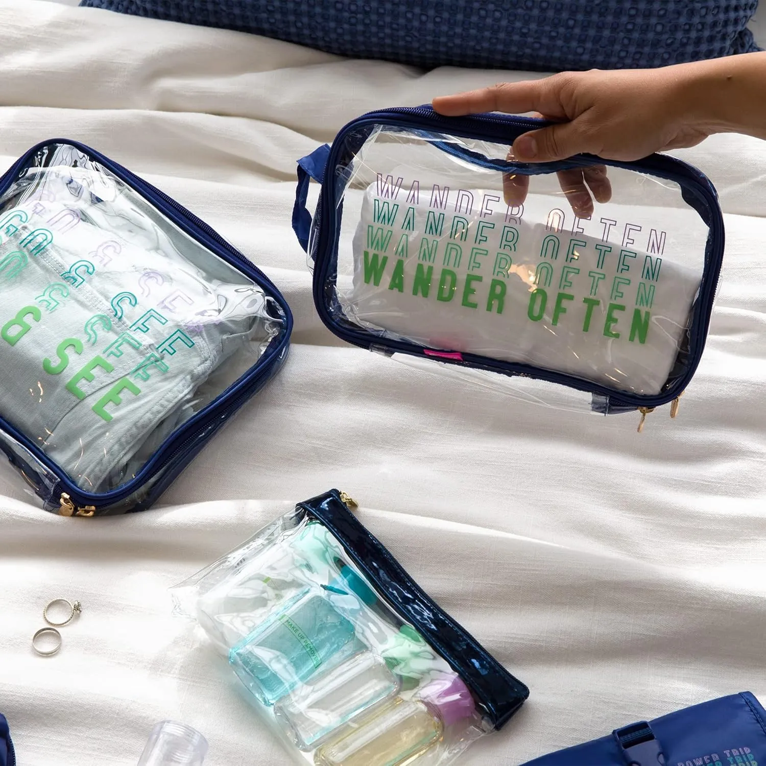 Miamica 3-Piece Packing Cubes, Blue Wander Clear Design  Includes Small, Medium and Large Suitcase Organizers with Durable Design